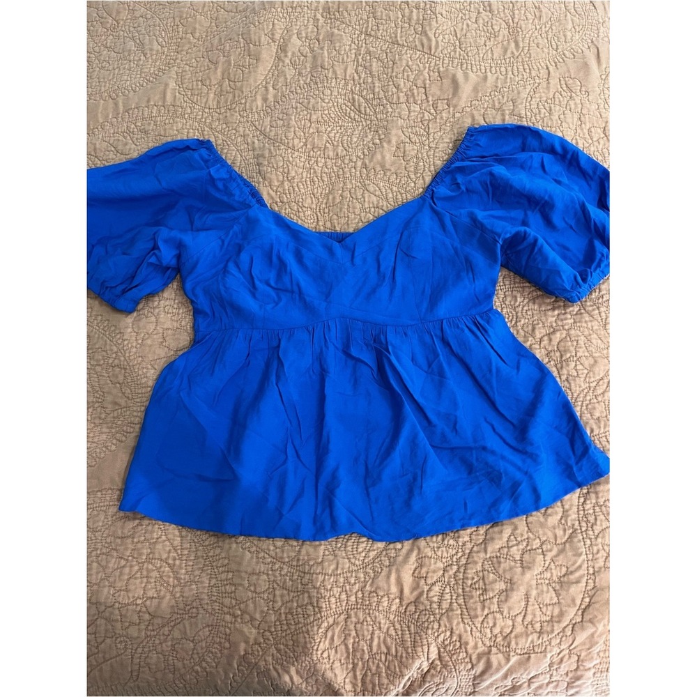 Cobalt Blue Puff-Sleeve Flowy Peplum Babydoll Blouse Nine West Women L